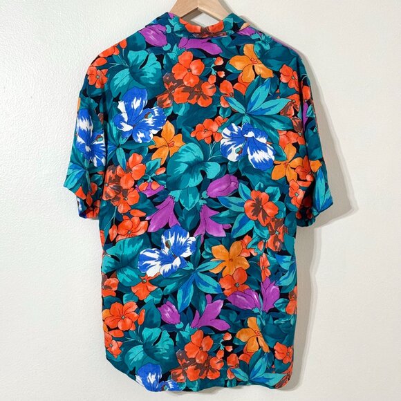 Vtg Cabrais Womens Tropical Hawaiian Shirt Rayon Button Floral Teal Hibiscus - Picture 5 of 11